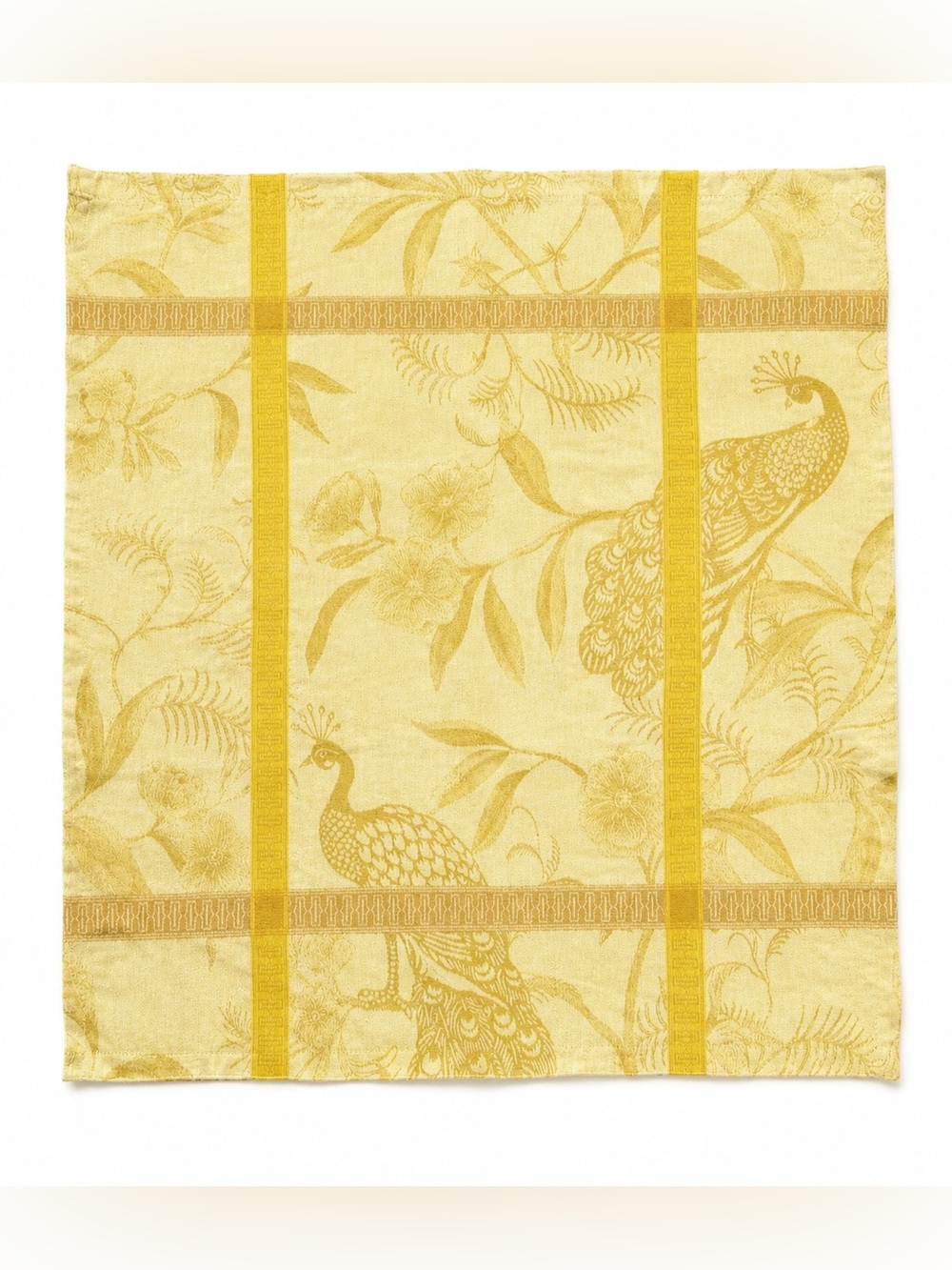 Vintage Le Jacquard Francais Peacock Damask Linen Napkins Set of 6 Yellow
